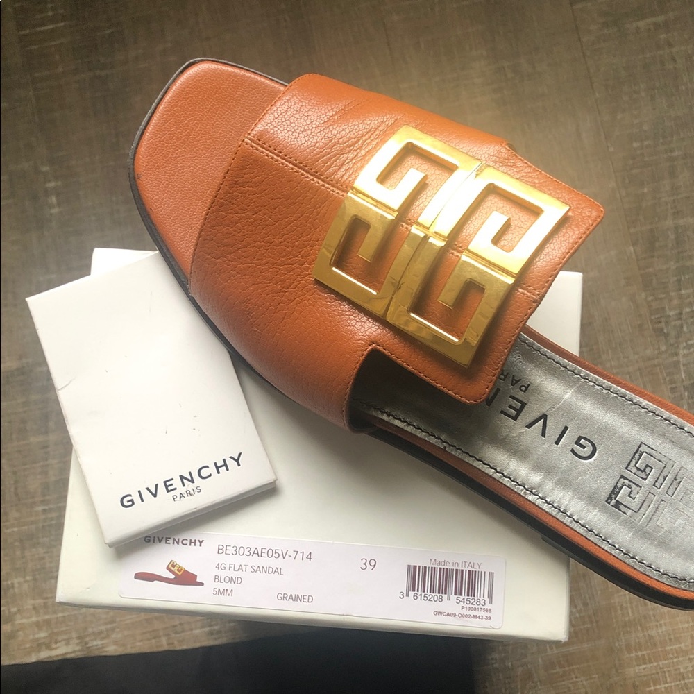 Givenchy Tan Leather Slide Sandals with Gold Emblem - Picture 6 of 8